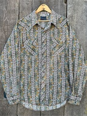VTG 70s Maverick Western Floral Dagger Collar Pearl Snap Shirt Medium